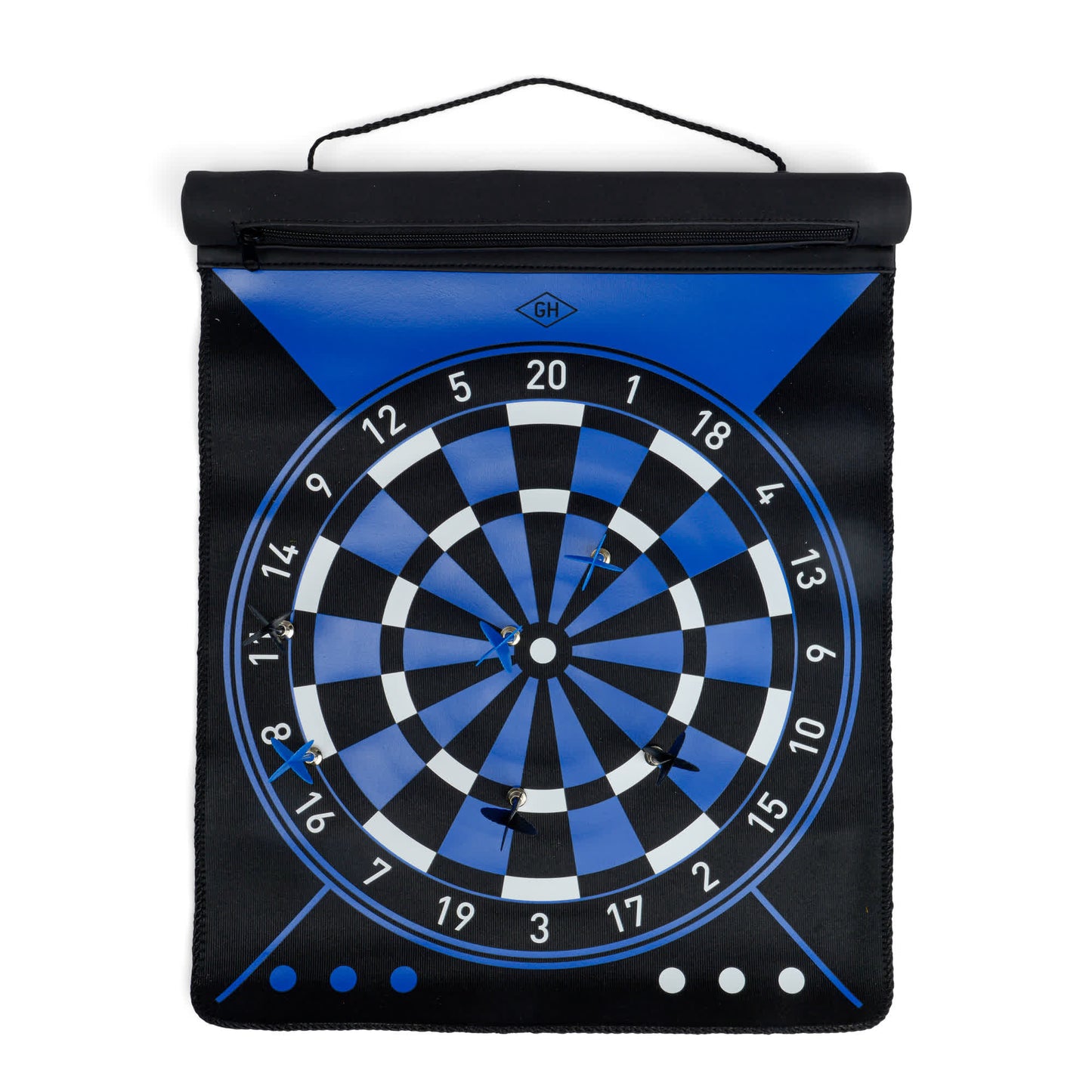 The Dartboard Roll is a blue and black magnetic dartboard with four center-embedded darts, hanging by a string—ideal for practicing hand-eye coordination.