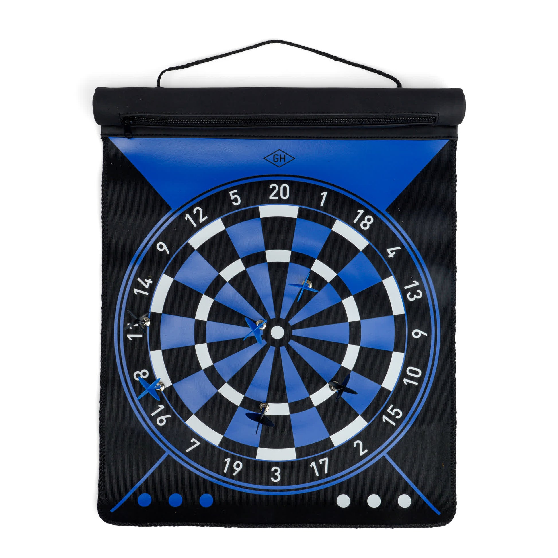 The Dartboard Roll is a blue and black magnetic dartboard with four center-embedded darts, hanging by a string—ideal for practicing hand-eye coordination.