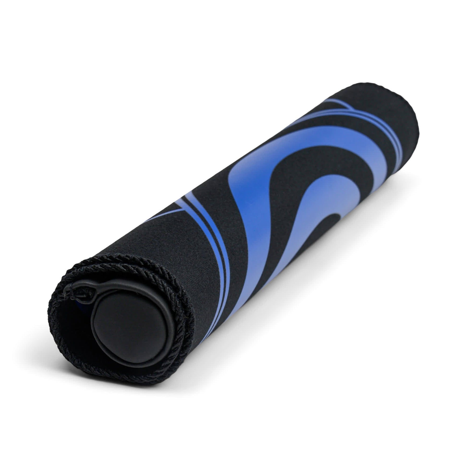 The Dartboard Roll is a black and blue mat with a swirl design, shown rolled up with a carrying strap and end cap—perfect for athletes aiming to improve balance, flexibility, and hand-eye coordination.