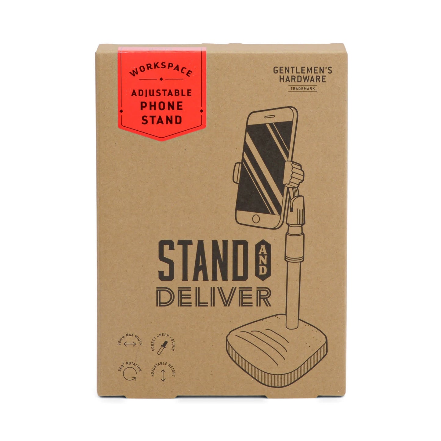 Cardboard packaging for a Phone Tripod, featuring an illustration of the tripod in use and a red label reading Workspace Phone Tripod—the perfect desk companion.