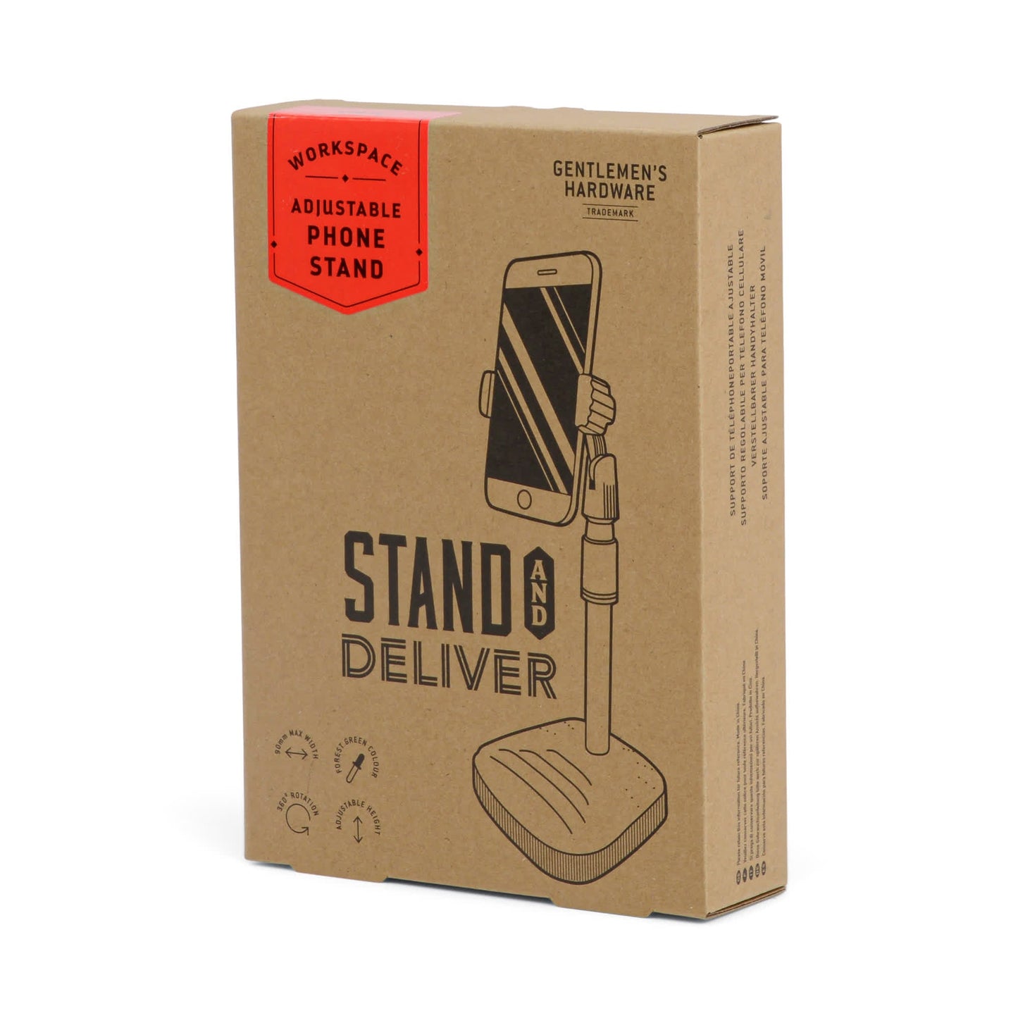 Cardboard packaging for a Phone Tripod, featuring an illustration highlighting it as the perfect desk companion and labeled Stand and Deliver by Gentlemens Hardware.
