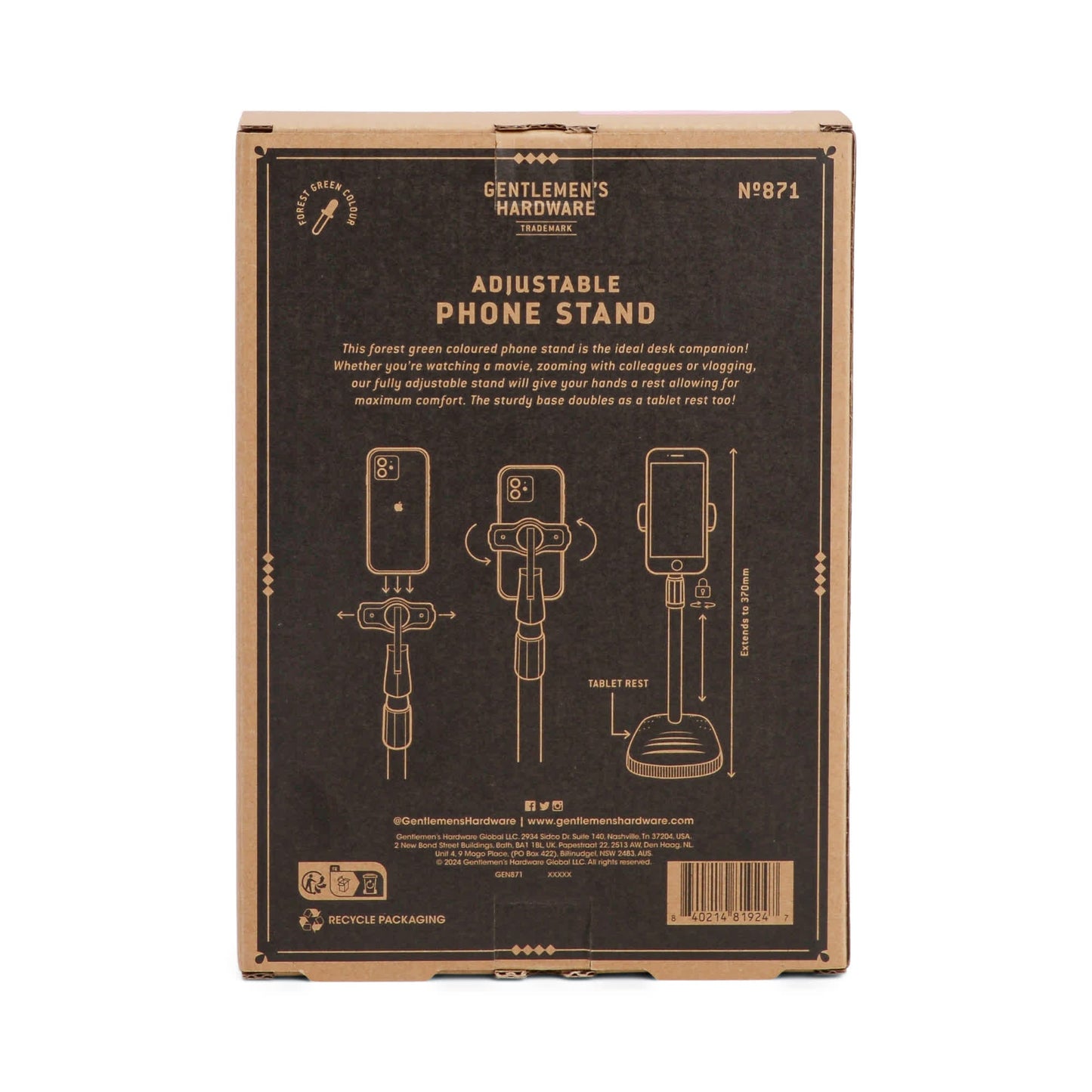 Back of a Phone Tripod box, featuring product illustrations, usage instructions, features, and social media details—all on brown cardboard packaging—making it a stylish and practical desk companion.