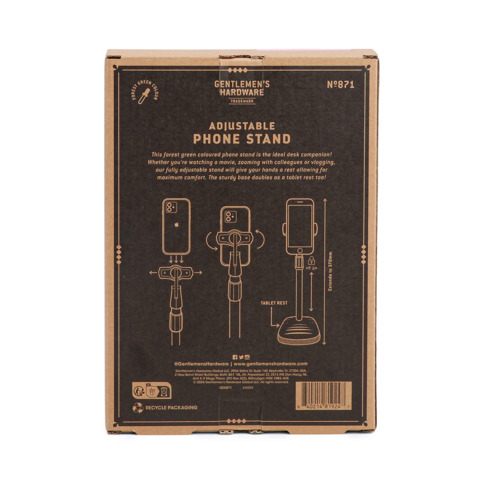 Back of a Phone Tripod box, featuring product illustrations, usage instructions, features, and social media details—all on brown cardboard packaging—making it a stylish and practical desk companion.