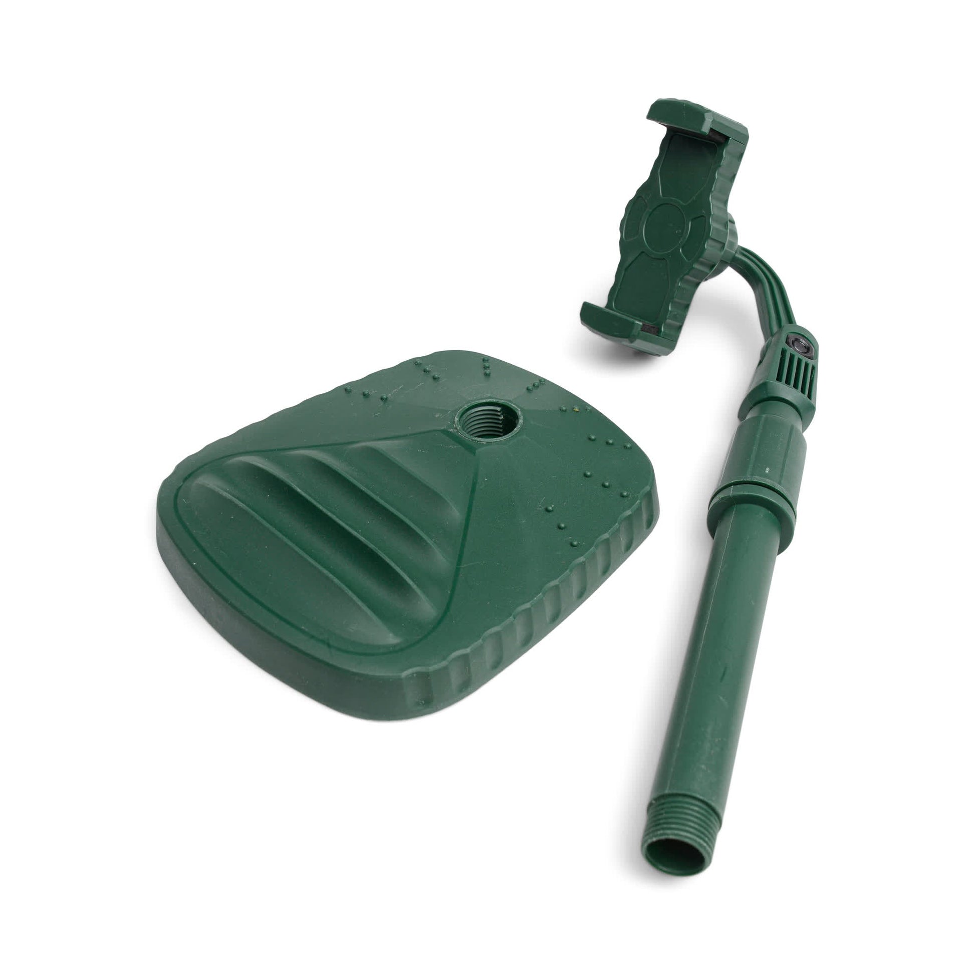The Phone Tripod is a green plastic adjustable stand with a sturdy base and phone holder, ideal for your desk. The Phone Tripod is shown disassembled on a white background.