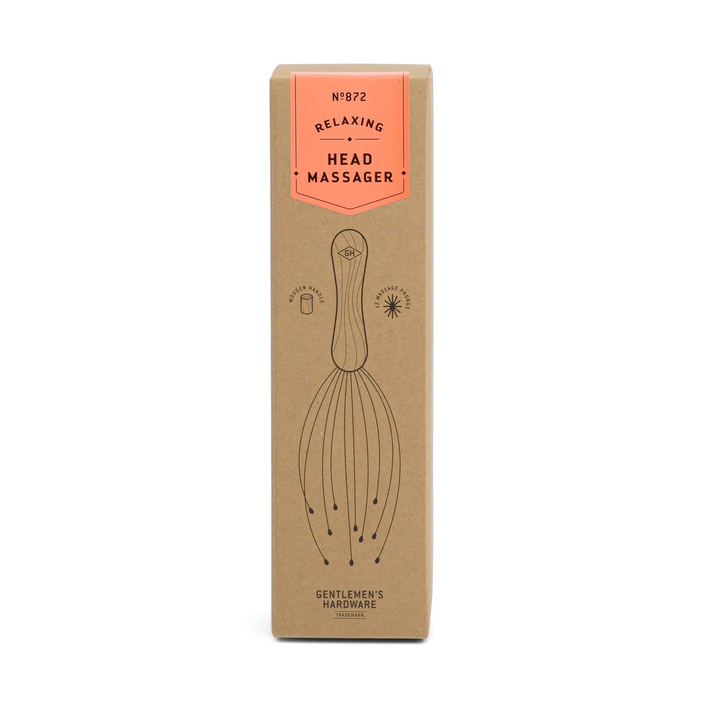 Brown rectangular box labeled Head Massager, showing a line drawing of the device and icons highlighting its action on nerve endings and acupressure points for soothing relief.