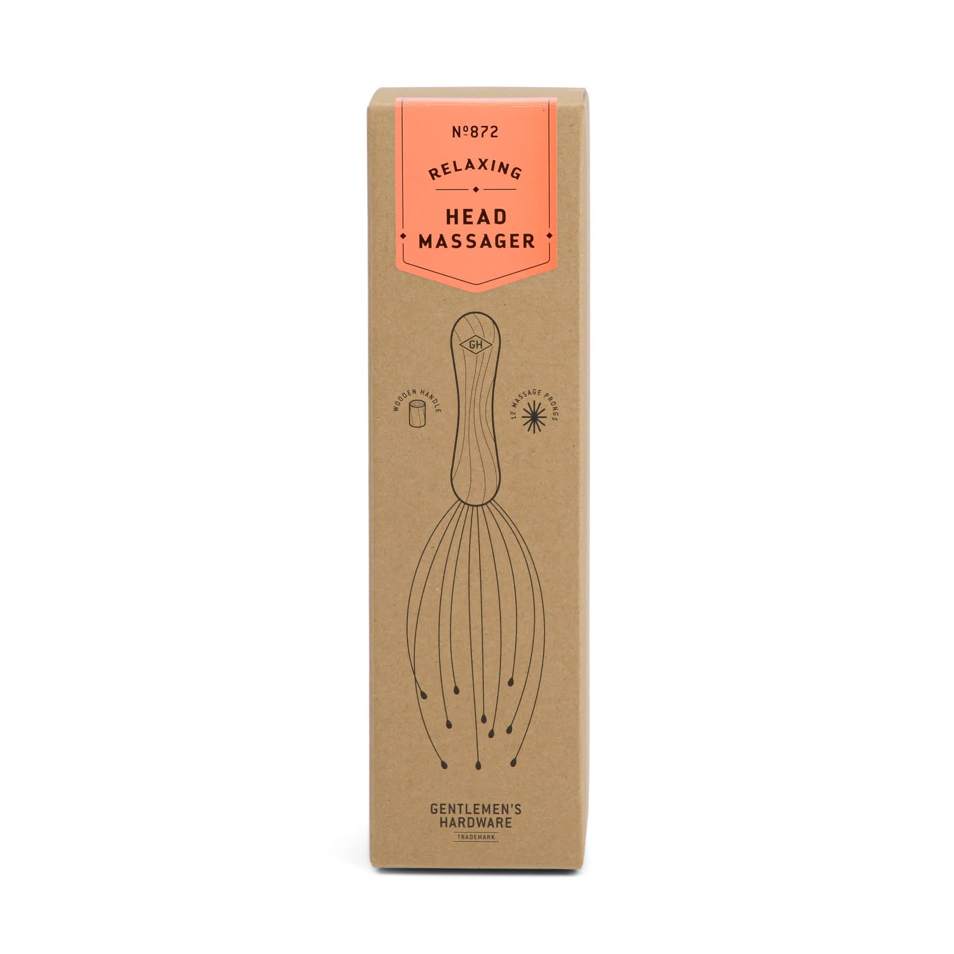 Brown rectangular box labeled Head Massager, showing a line drawing of the device and icons highlighting its action on nerve endings and acupressure points for soothing relief.
