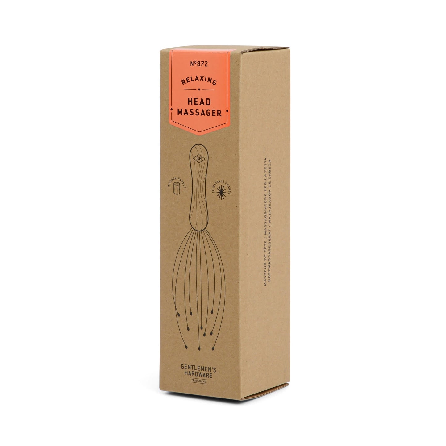 A brown rectangular box labeled Head Massager from Gentlemen’s Hardware features a simple line drawing, highlighting its ability to stimulate acupressure points and nerve endings.
