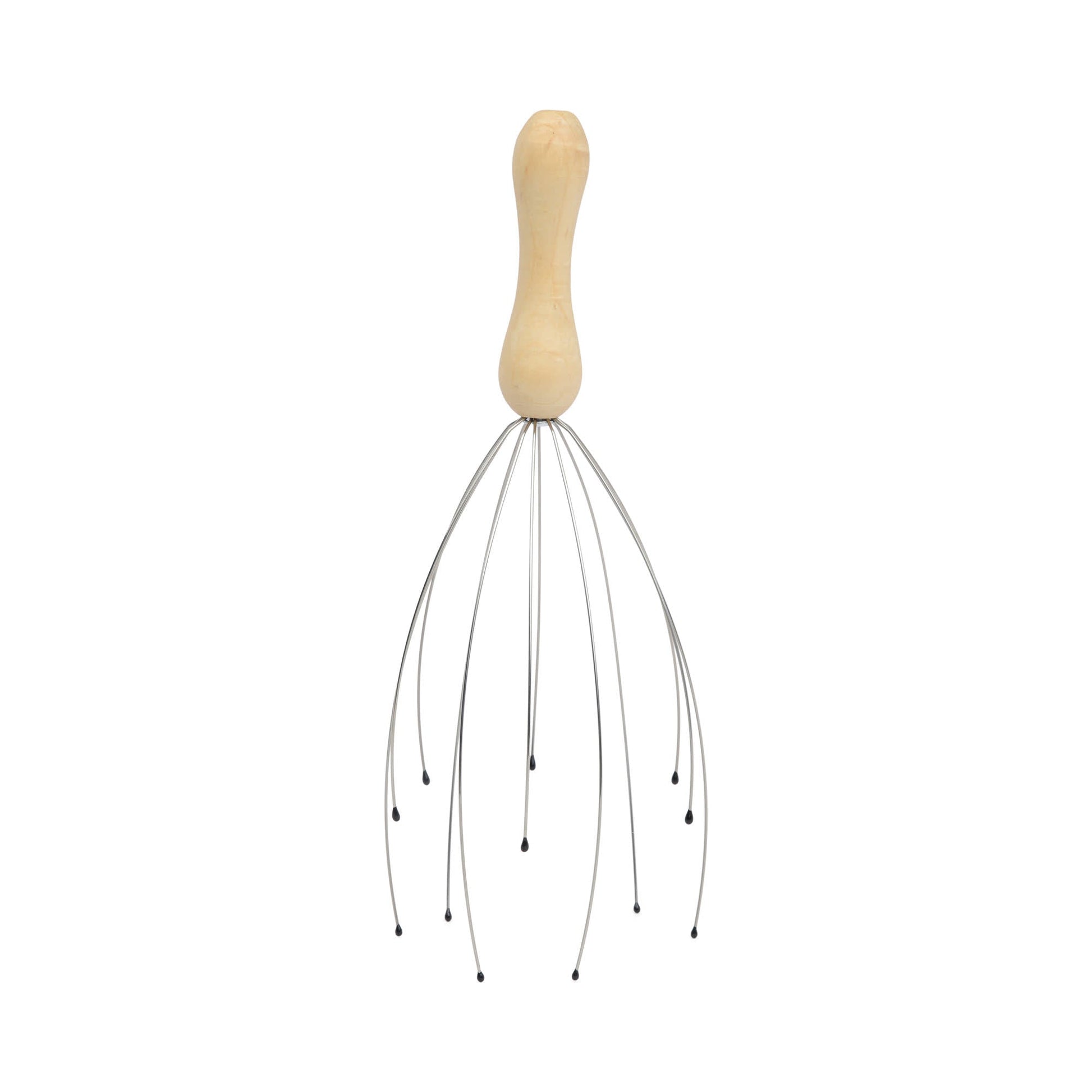 The Head Massager features a wooden handle and flexible wire prongs with black bead tips, designed to gently stimulate nerve endings and acupressure points. Shown on a white background.