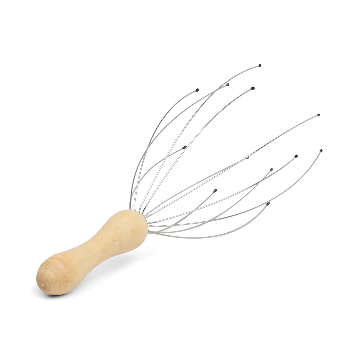 The Head Massager features a wooden handle and flexible metal prongs with black bead tips, designed to gently stimulate acupressure points and nerves for deep relaxation.