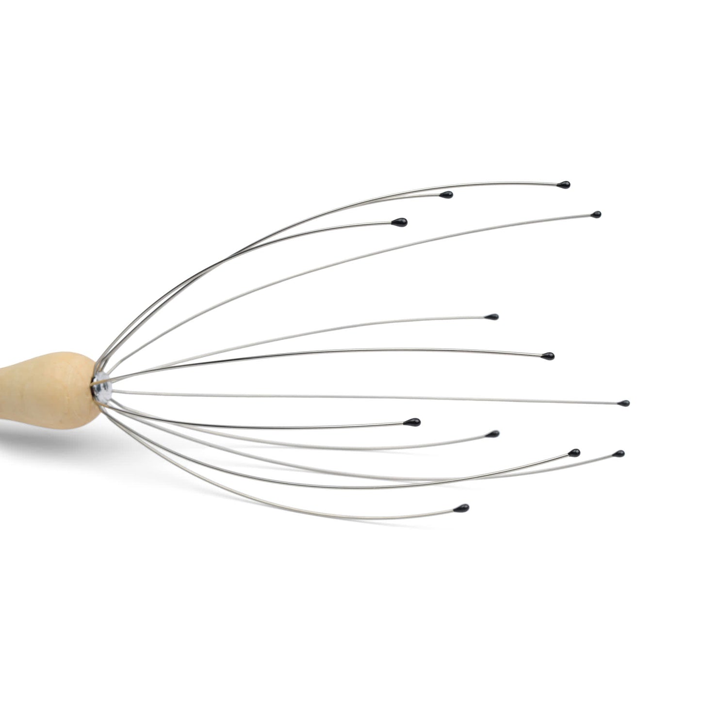 The Head Massager features multiple flexible metal wires with black tips and a wooden handle to gently stimulate nerve endings and acupressure points.