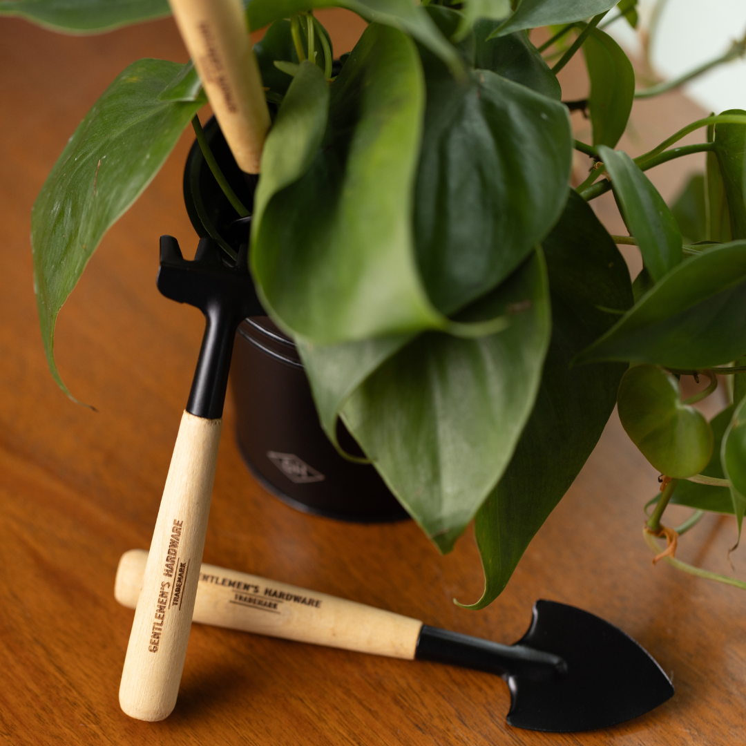 Mini Garden Tools—a set with a sturdy hand shovel and rake, both featuring wooden handles—are placed on a wooden surface beside a leafy potted plant.