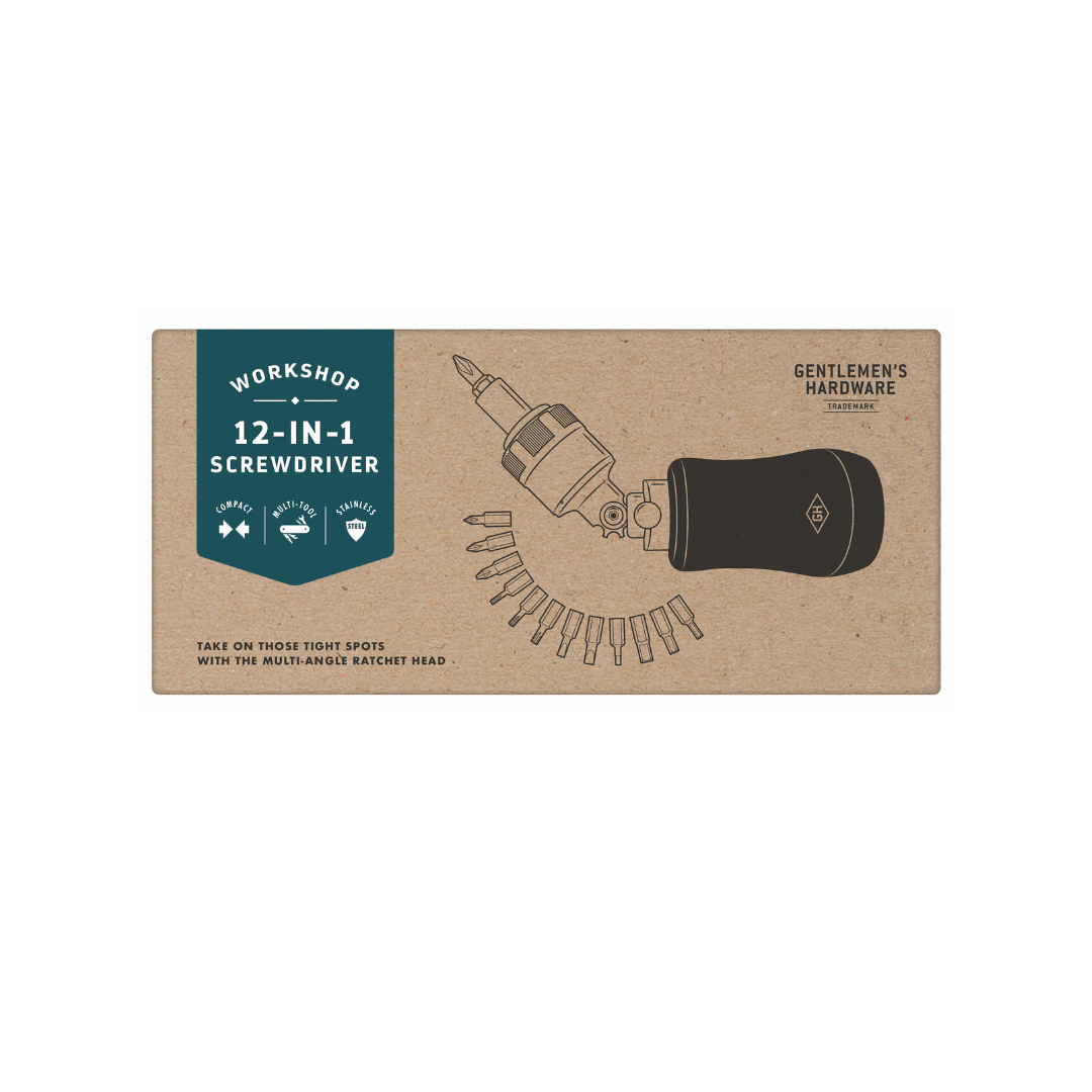 Rectangular cardboard packaging for the 12-in-1 Screwdriver, featuring a diagram with the tool, its interchangeable steel bits, and multi-angle ratchet head; labeled Gentlemens Hardware.
