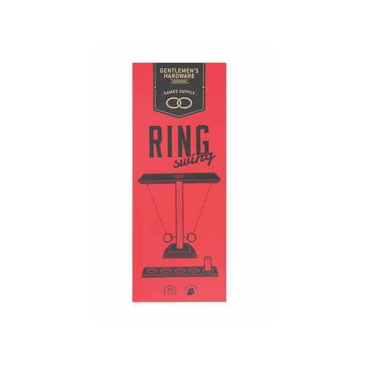 Red rectangular packaging for the Ring Swing Game features a black illustration of its wooden design and product branding—ideal for parties and game nights.