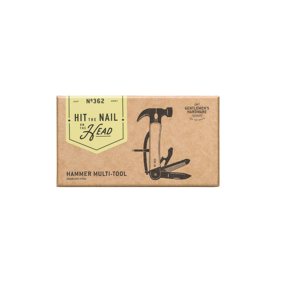 A rectangular cardboard box labeled Hammer Multi-Tool, Wood features an illustration of the stainless steel tool and the phrase Hit the Nail on the Head on the front.