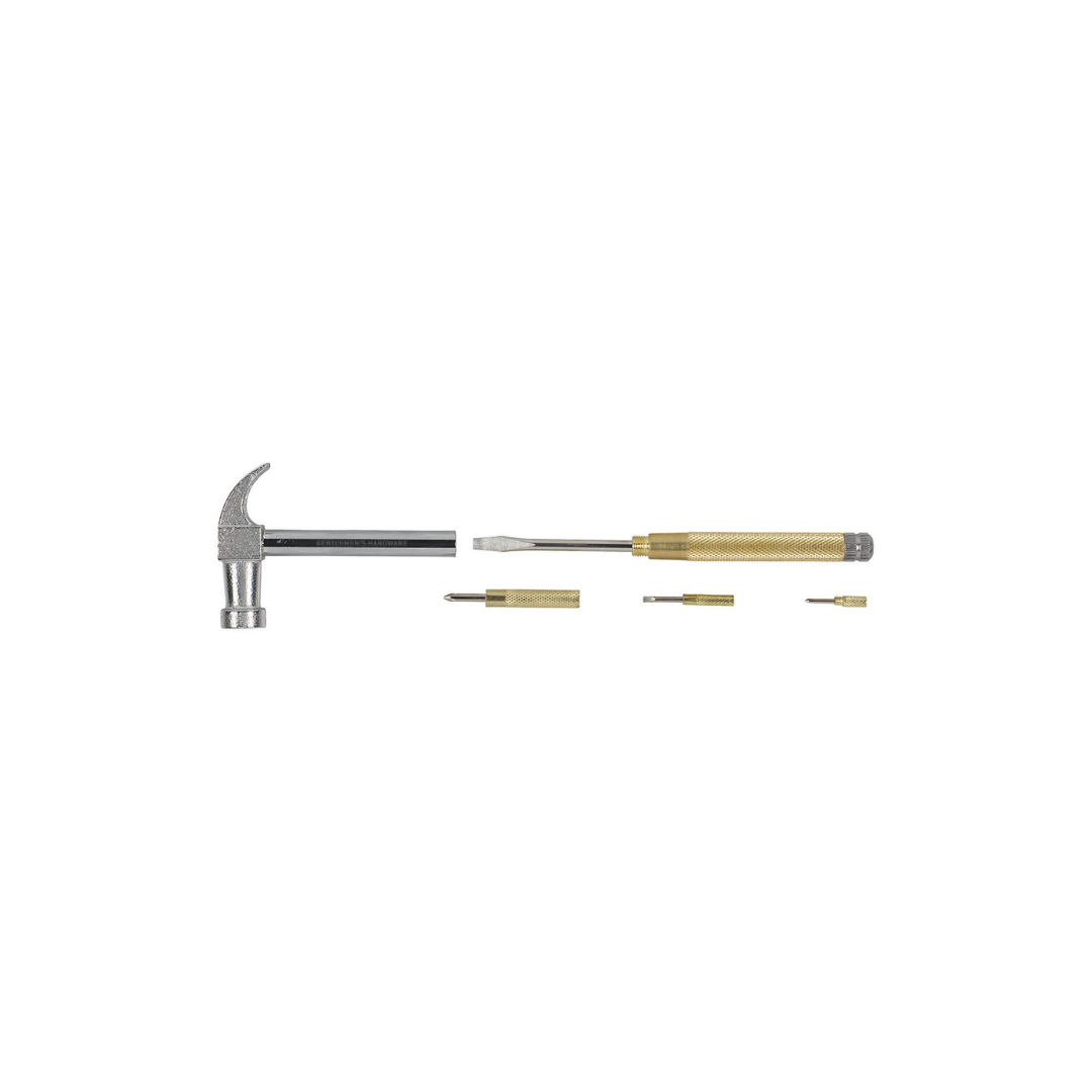 A 6-in-1 Hammer Multi-Tool—featuring a small hammer, brass-handled stainless steel screwdriver with interchangeable heads, and four bits—is neatly arranged in a row on a white background.