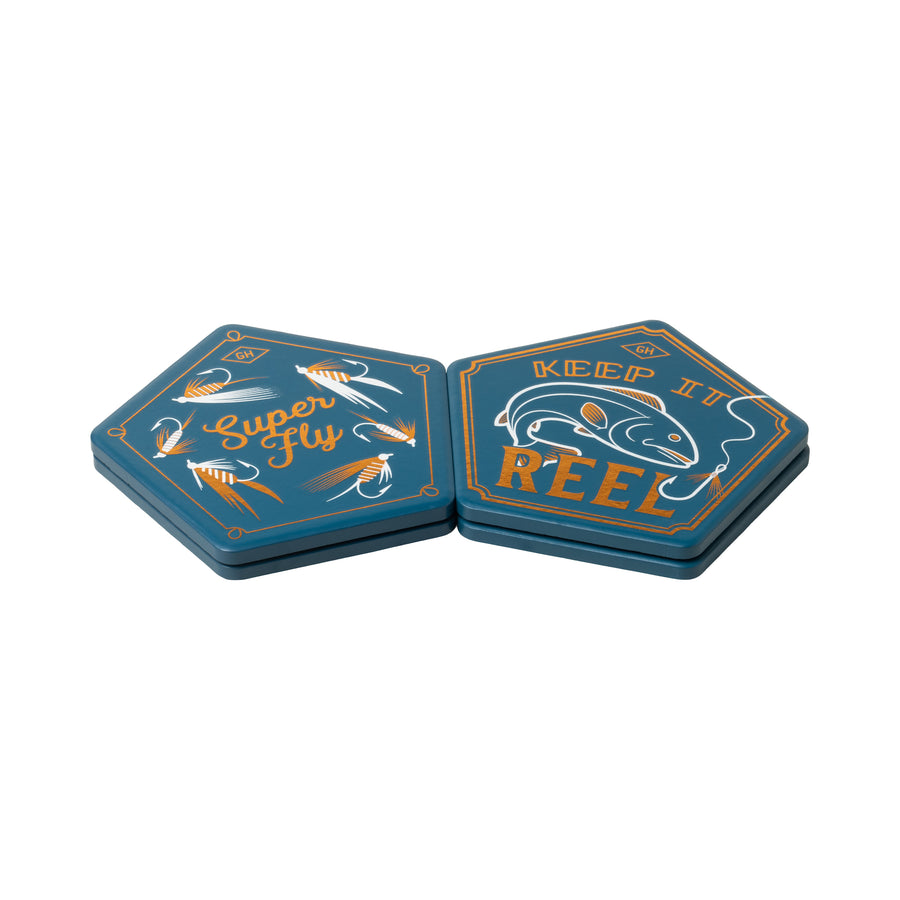 teal beverage coasters with fishing theme and phrases
