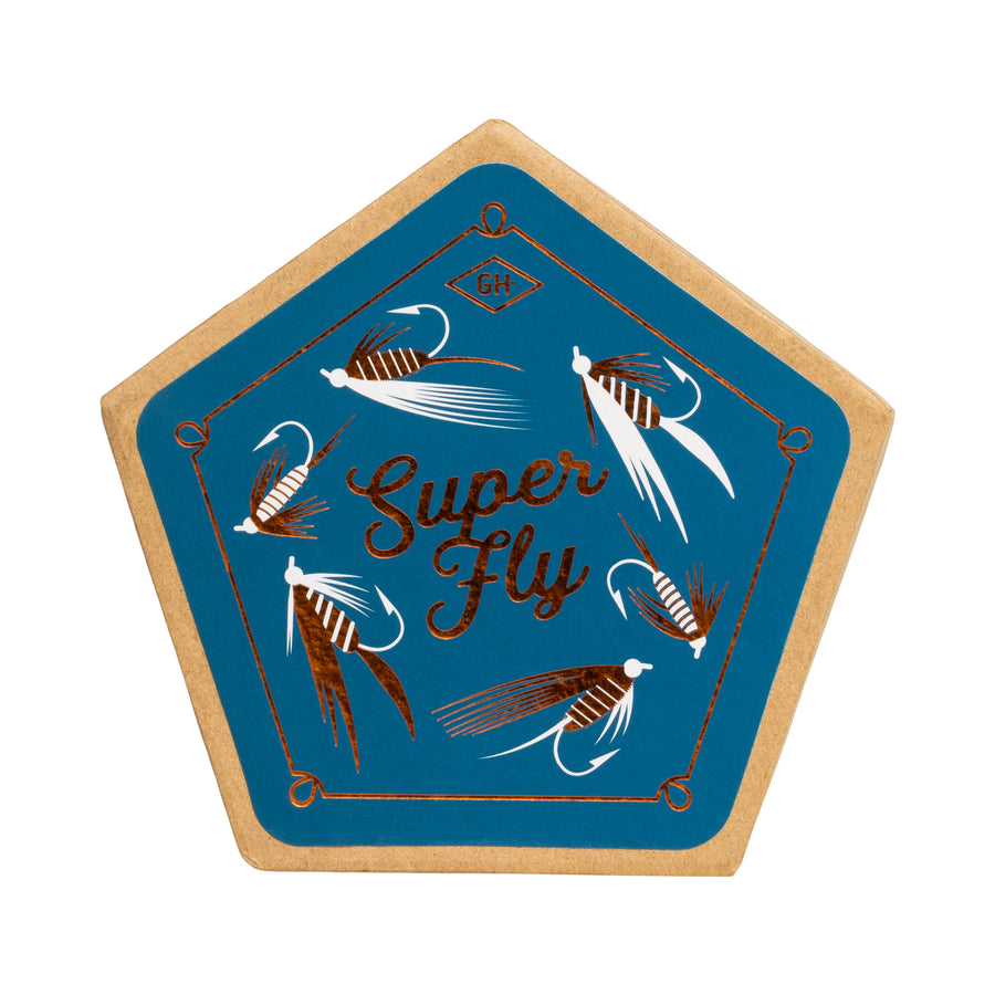 teal beverage coaster with super fly phrase and fishing flies