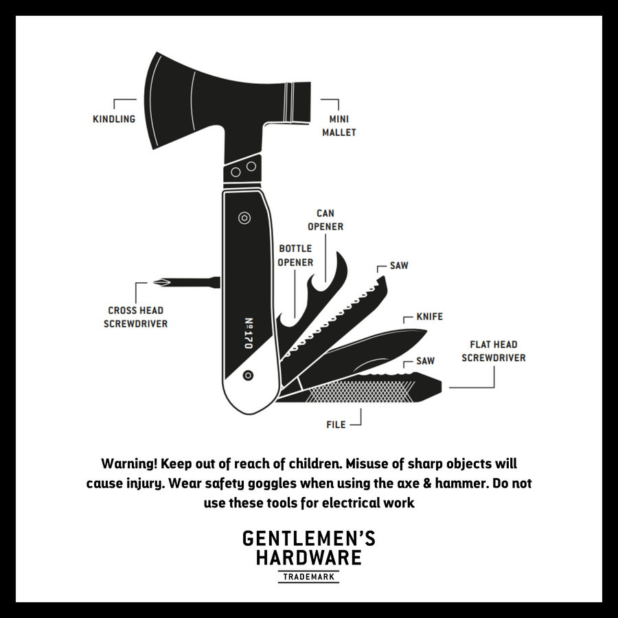 Axe Multi-Tool Infographic displaying all 10 tools. Text reads: "Warning! Keep out of reach of children. Misuse of sharp objects will cause injury. Wear safety goggles when using the axe & hammer. Do not use these tools for electrical work" with Gentlemen's Hardware logo below