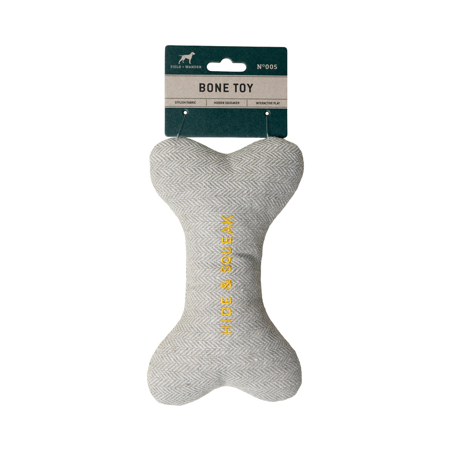 Bone Dog Toy grey herring bone with hide & squeak embroidered