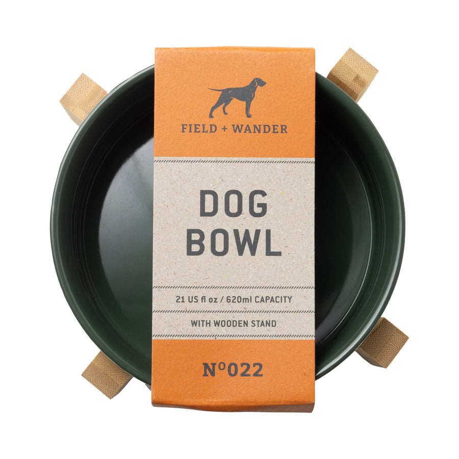 Ceramic Dog Bowl with Wooden Stand - Bone Appétite top view with tag