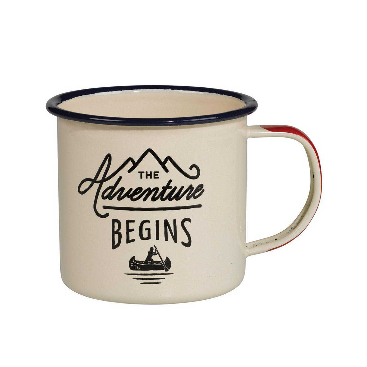 The Enamel Mug - Cream Adventure Begins 13.5 fl oz features a dark rim, the phrase The Adventure Begins, and a canoe illustration—ideal for camping or as a stylish travel accessory.