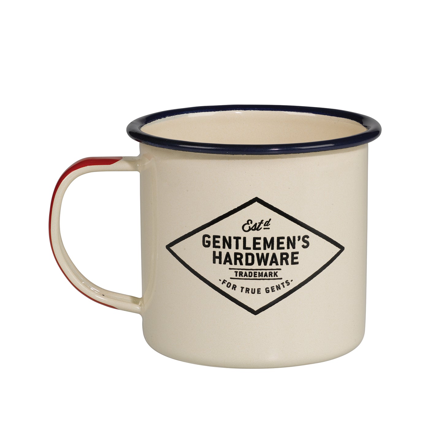 The Cream Adventure Begins Enamel Mug (13.5 fl oz) features a black rim, handle, and adventure-themed design—making it the perfect travel accessory for camping trips and outdoor adventures.