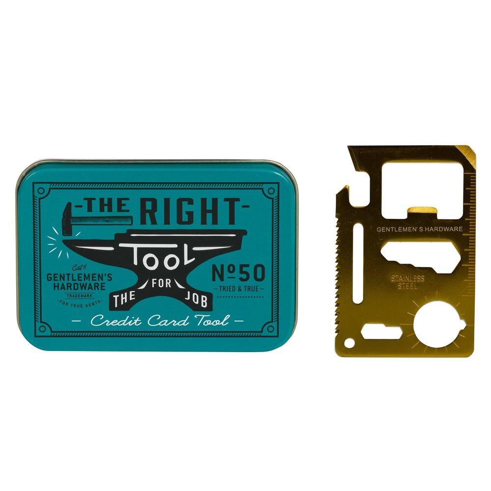 A compact teal tin labeled Credit Card Multi-Tool sits beside a gold card featuring various cutouts and a serrated edge—an ideal gadget gift for anyone who loves handy gear.