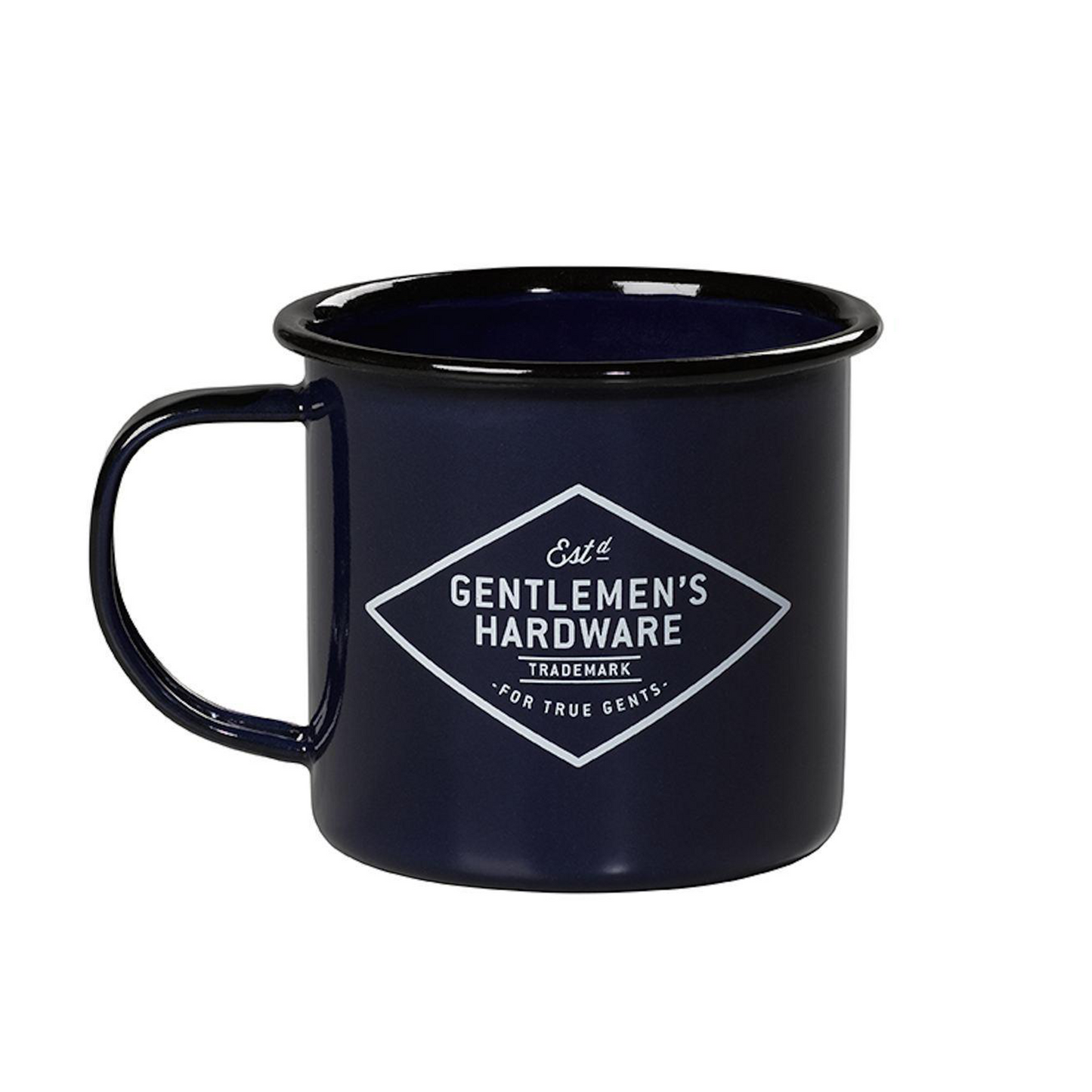 The Navy Adventure Begins Enamel Mug is a navy blue enamel mug with a handle, ideal for camping or outdoor use, and features Gentlemens Hardware branding and decorative white text on the side.