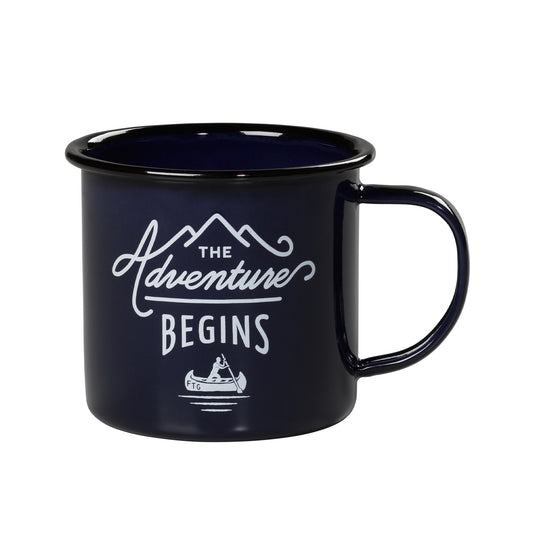 The Navy Adventure Begins Enamel Mug features a white canoeing graphic and “The Adventure Begins” phrase—ideal for camping or outdoor adventures.
