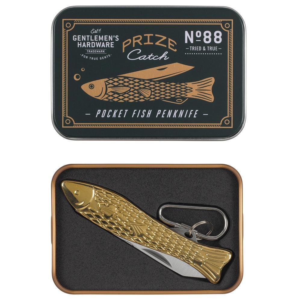 The Fish Pen Knife with a keyring is shown in an open metal tin labeled Prize Catch and Gentlemen’s Hardware—an ideal gift for any fisherman.