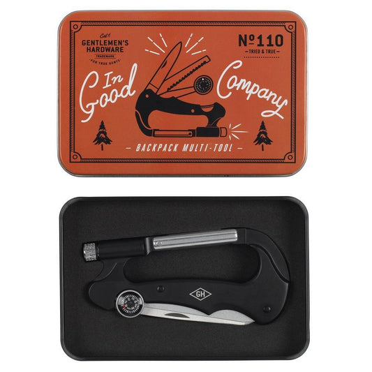 The Backpack Multi-Tool comes in a metal tin featuring tool art on the lid and contains a compact stainless steel multitool—an essential accessory for survival and adventure.