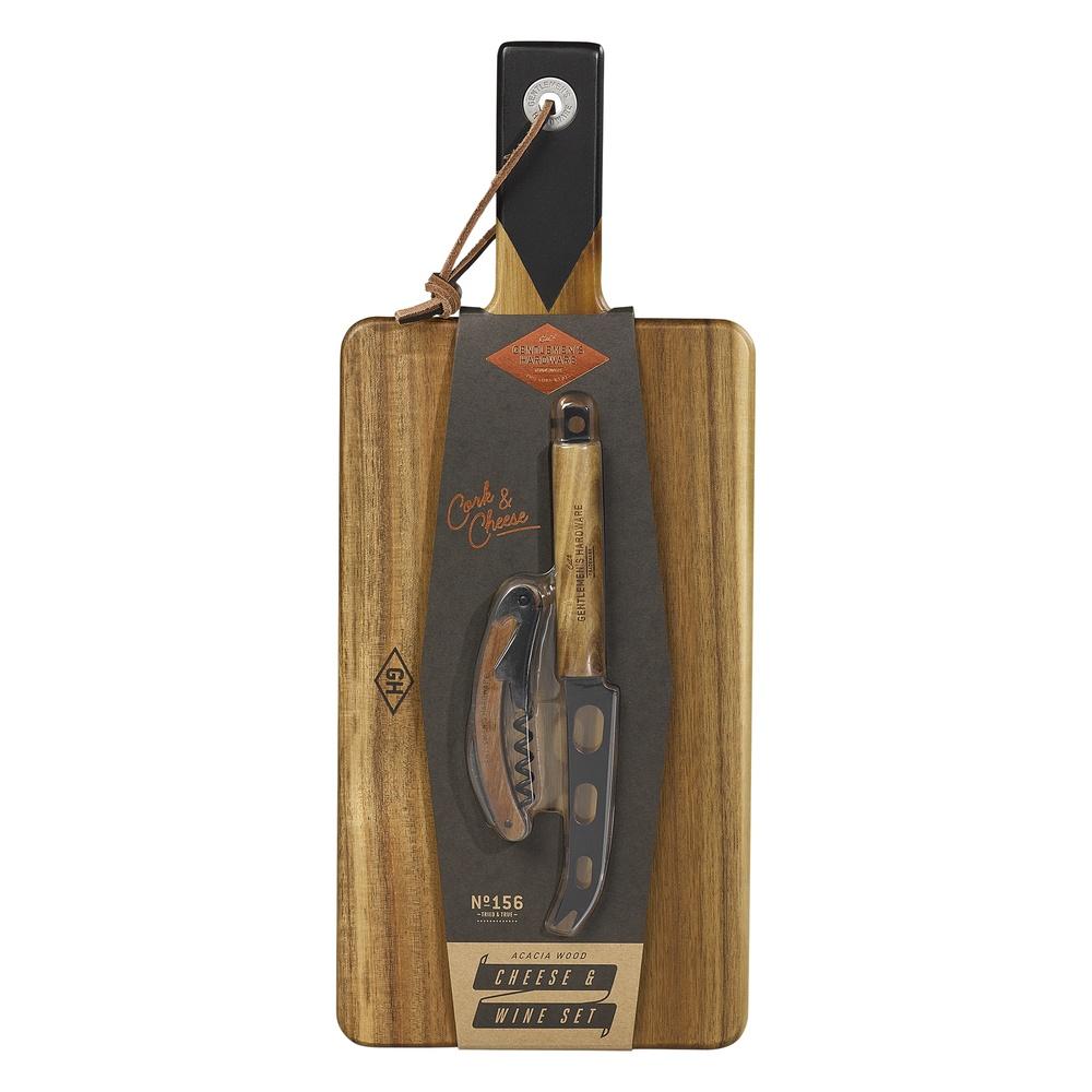 The Cheese Board and Knife Set with Wine Opener includes a wooden serving board, cheese knife, and corkscrew in clear vertical packaging.
