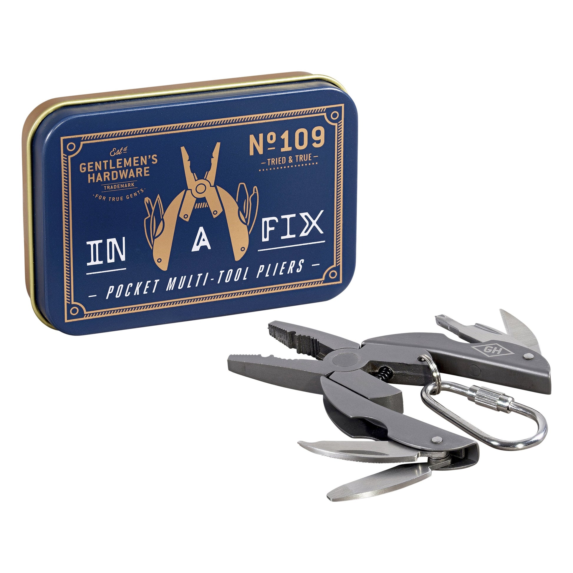 The Titanium Pocket Pliers Multi-Tool, featuring durable titanium-coated components and various fold-out tools, is shown next to a blue and gold tin labeled In A Fix Pocket Pliers.