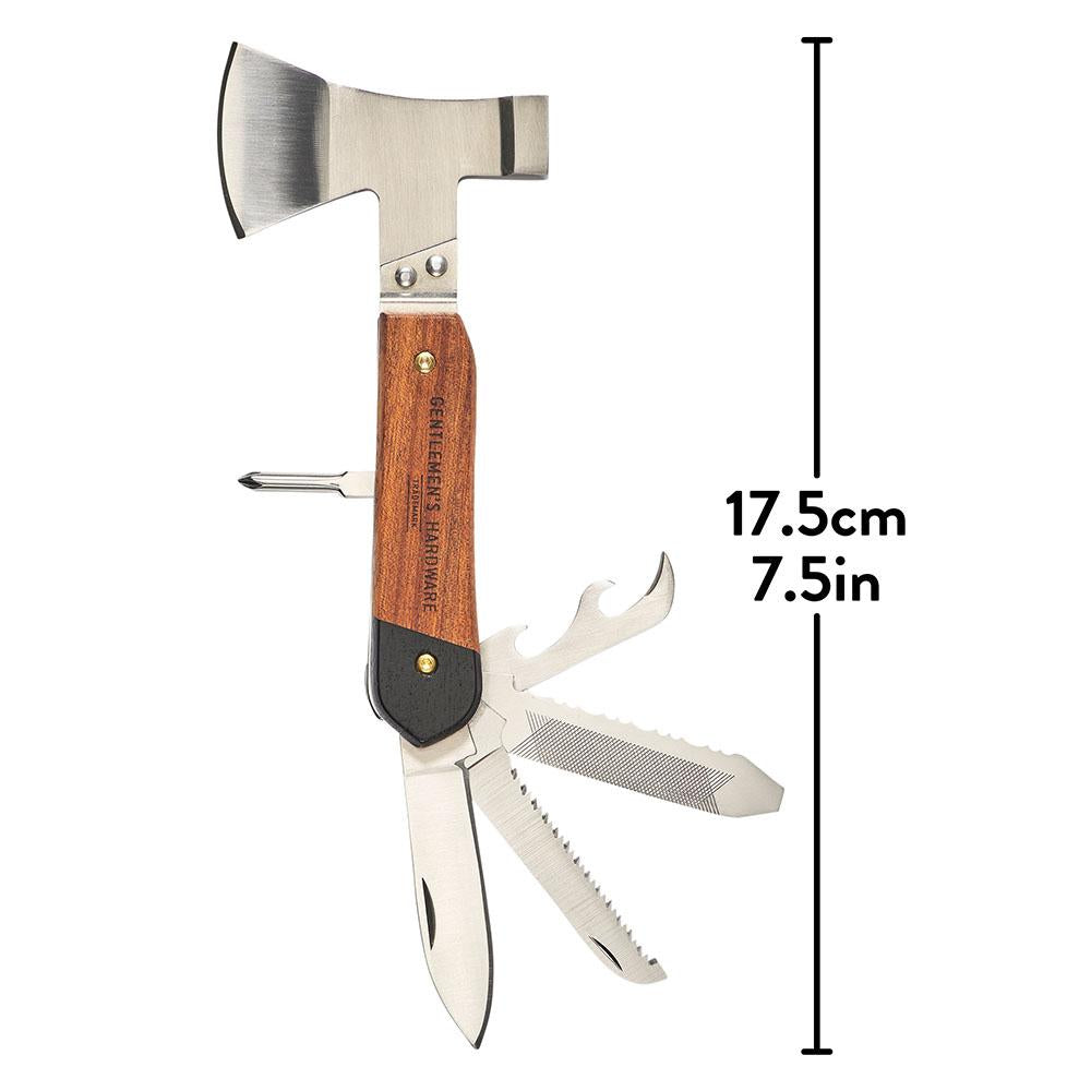 The Axe Multi-Tool features an axe head, wooden handle, and several fold-out tools. Compact at 17.5 cm (7.5 in), this versatile tool is ideal for camping and outdoor adventures.