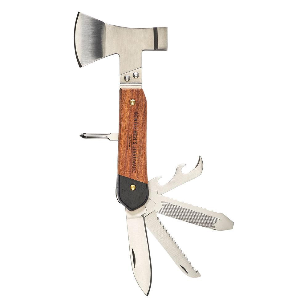 The Axe Multi-Tool is a versatile 10-in-1 gadget with a wooden handle, featuring an axe head, knife blade, saw, file, bottle opener, and screwdrivers—an essential tool for camping.