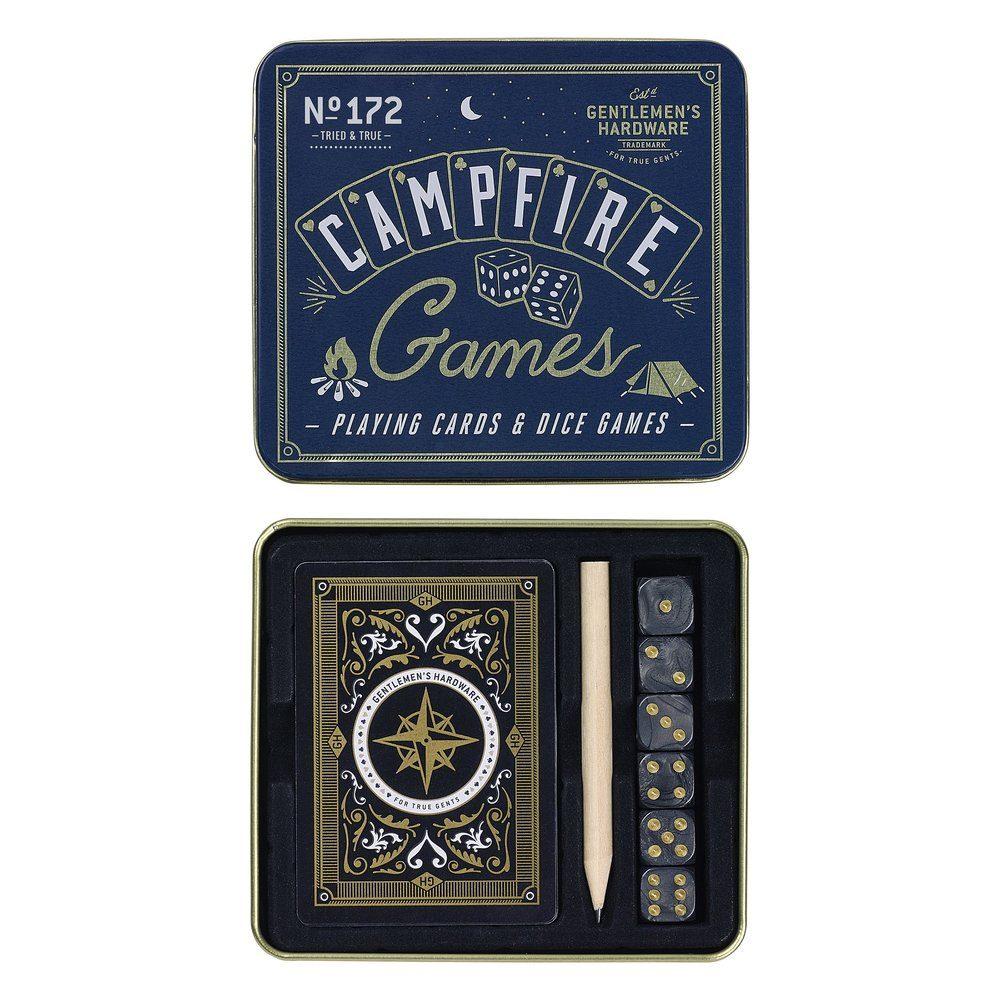 The Campfire Games Set comes in a metal tin with waterproof playing cards, five dice, a pencil, and a scorepad—ideal for outdoor fun.