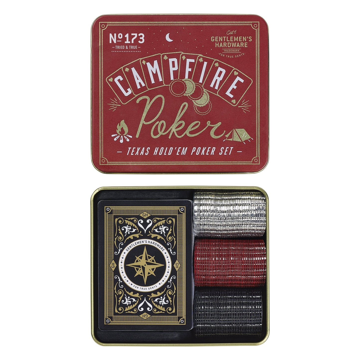 The Campfire Poker Set comes in a tin box with waterproof playing cards and neatly arranged red, white, and black poker chips—ideal for your next outdoor adventure.