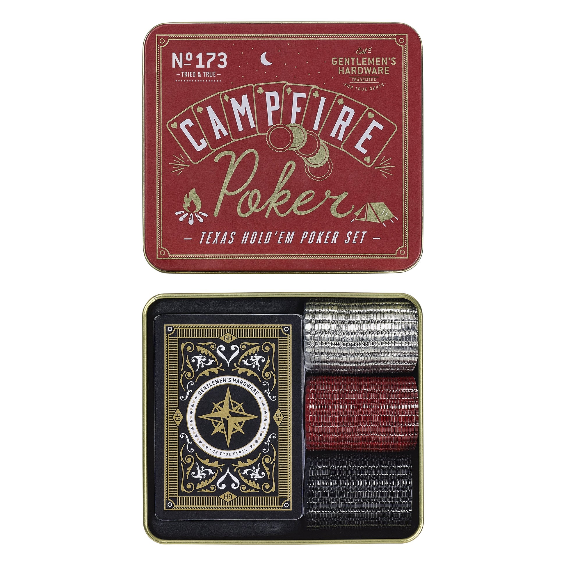 The Campfire Poker Set comes in a tin box with waterproof playing cards and neatly arranged red, white, and black poker chips—ideal for your next outdoor adventure.