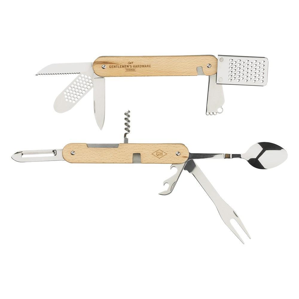 Two Kitchen Multi-Tools with acacia wood handles, each featuring fold-out utensils—grater, knife, corkscrew, spoon, fork, and bottle opener—make them ideal for camping adventures.