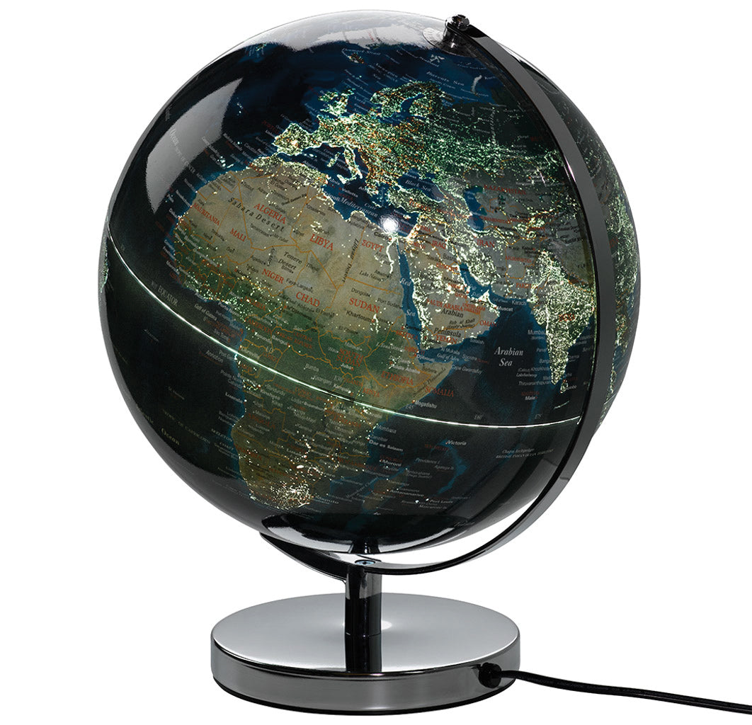 The Globe Light 12 inch City Lights is a desk globe featuring illuminated nighttime city lights across Europe, Africa, and parts of Asia, mounted on a silver stand with an attached power cord.