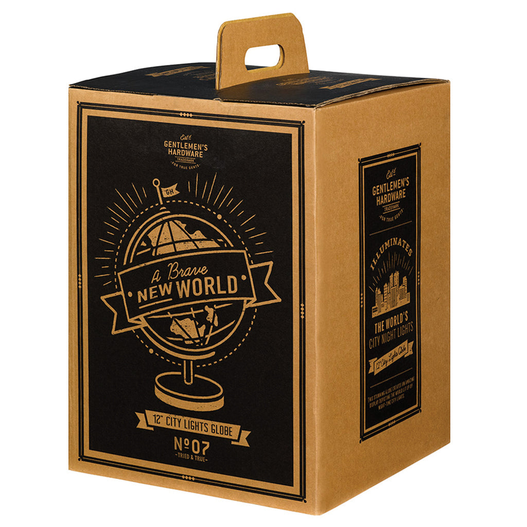 A brown box with black and gold graphics reading A Brave New World contains the Globe Light 12 inch City Lights by Gentlemen’s Hardware, a globe that lights up to display nighttime city lights beautifully.
