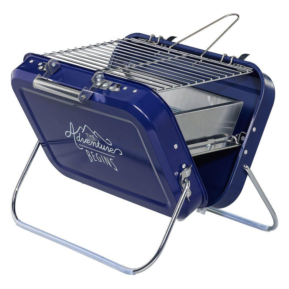 The Portable BBQ is a lightweight, blue metal grill with a foldable stand and The Adventure Begins printed on the side—ideal for grilling on the go.