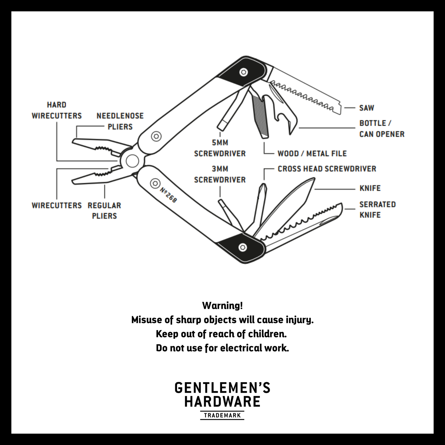 Multi Tool Pliers Infographic showing all the different tools - Text Reads: Warning! Misuse of sharp objects will cause injury. Keep out of reach of children. Do not use for electrical work.
