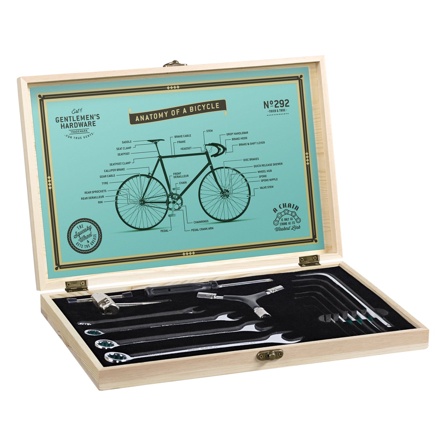 The Bicycle Tool Kit with Wooden Box includes durable repair tools and features a printed bicycle anatomy diagram inside the lid—ideal for professional cyclists.