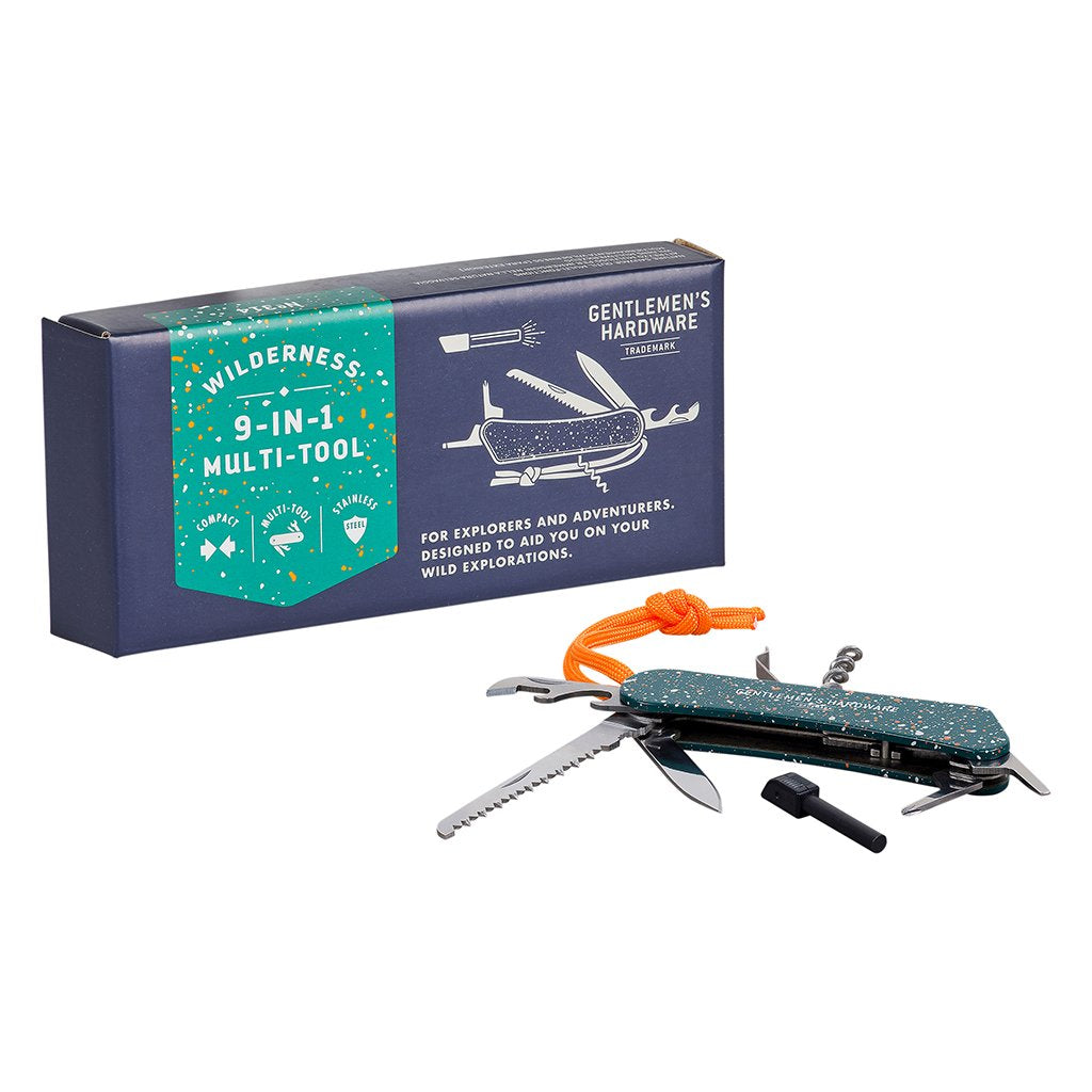The Wilderness Multi-Tool, featuring stainless steel tools, a blue speckled handle, and an orange lanyard, is shown by its Gentlemens Hardware packaging box—perfect for outdoor survival.