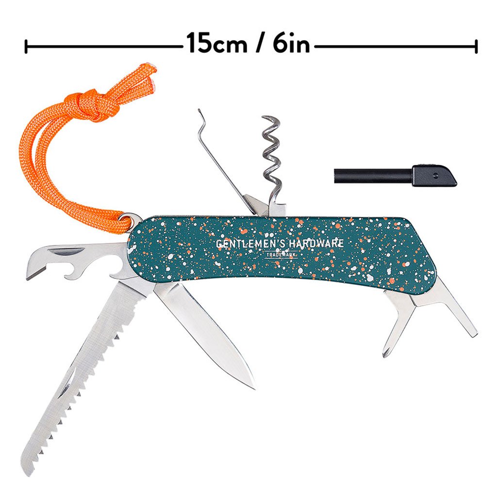 The Wilderness Multi-Tool features a speckled green handle, orange cord, and stainless steel tools that extend to 15 cm (6 in)—ideal for outdoor survival.