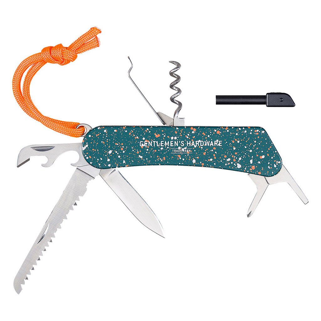 The Wilderness Multi-Tool features a speckled blue handle, stainless steel tools, multiple open functions, an orange lanyard, and a detachable small black rod—ideal for outdoor survival.