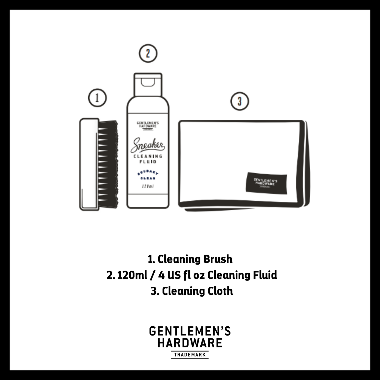Sneaker Cleaning Kit Infographic. Text reads: 1. Cleaning Brush 2. 120ml / 4 US fl oz Cleaning Fluid 3. Cleaning Cloth