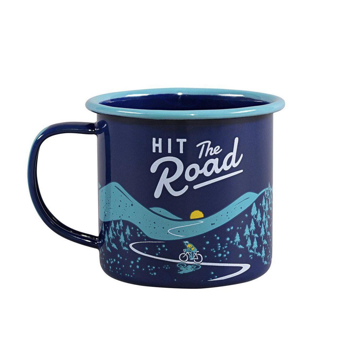 The Enamel Mug - Hit the Road 11 fl oz features a blue design with Hit the Road and a biker riding through mountains and trees—ideal for camping or outdoor adventures.
