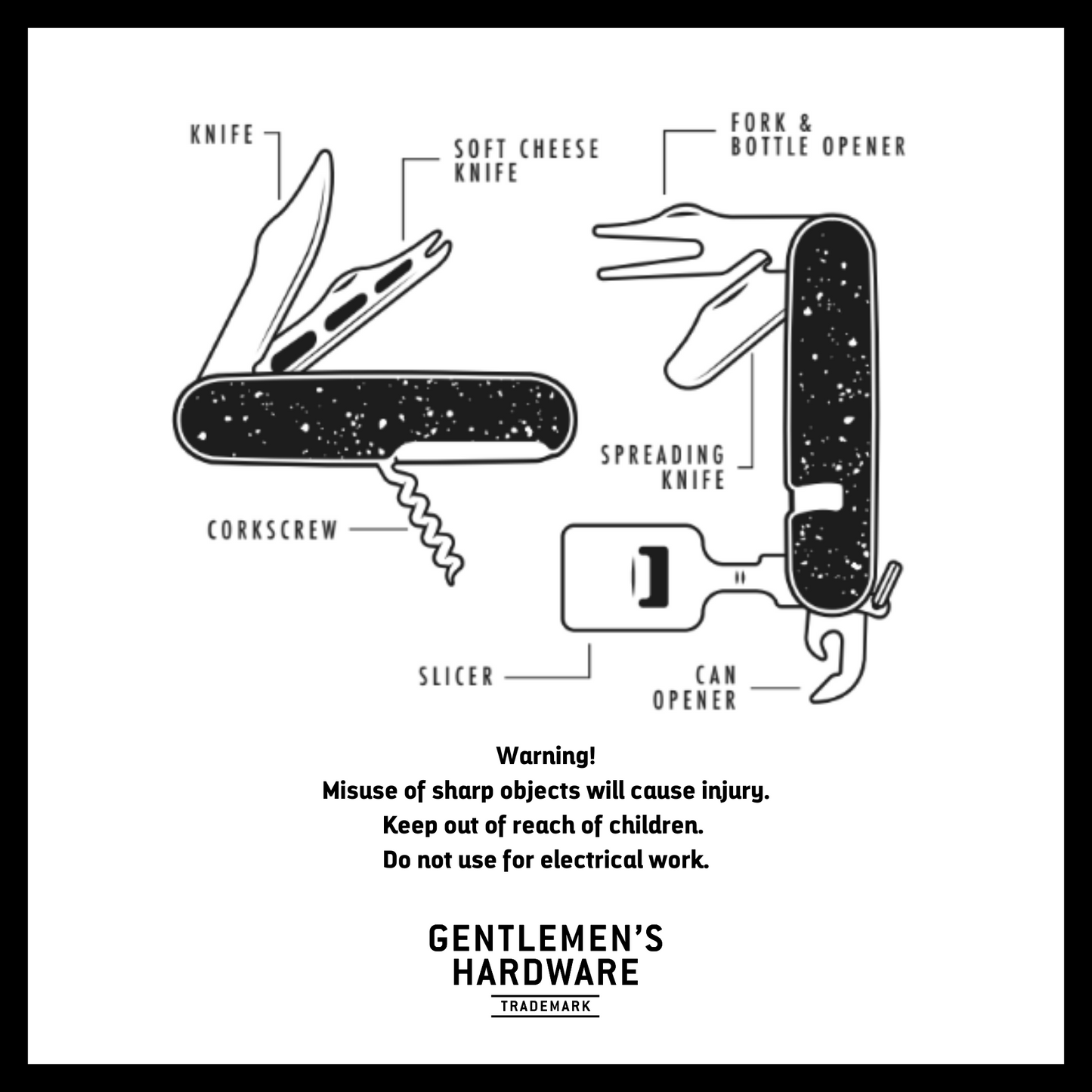 Cheese and Wine Multi Tool Infographic. Text reads: Warning! Misuse of sharp objects will cause injury. Keep out of reach of children. Do not use for electrical work.